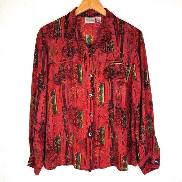 Chico's Tops - FINAL SALE Chico’s Silk Blend Red Printed Button Down Shirt size large